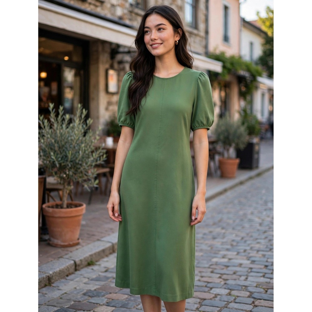Boden Green Puff Sleeve Midi Dress Size 10 Crew Neck Keyhole Back Pockets